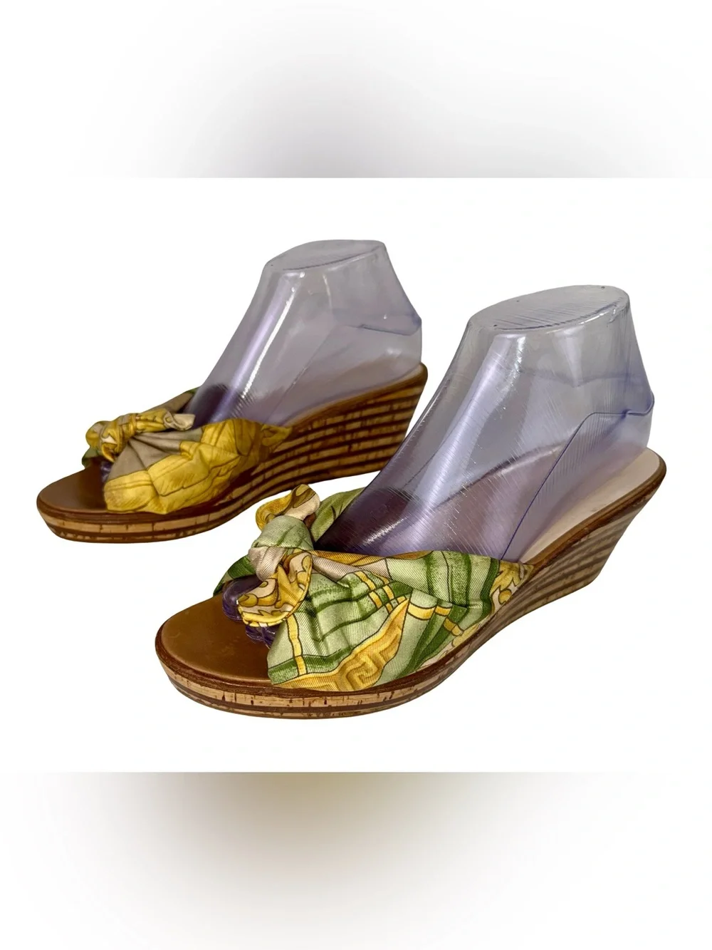 FERRAGAMO SILK SCARF WEDGE SANDALS